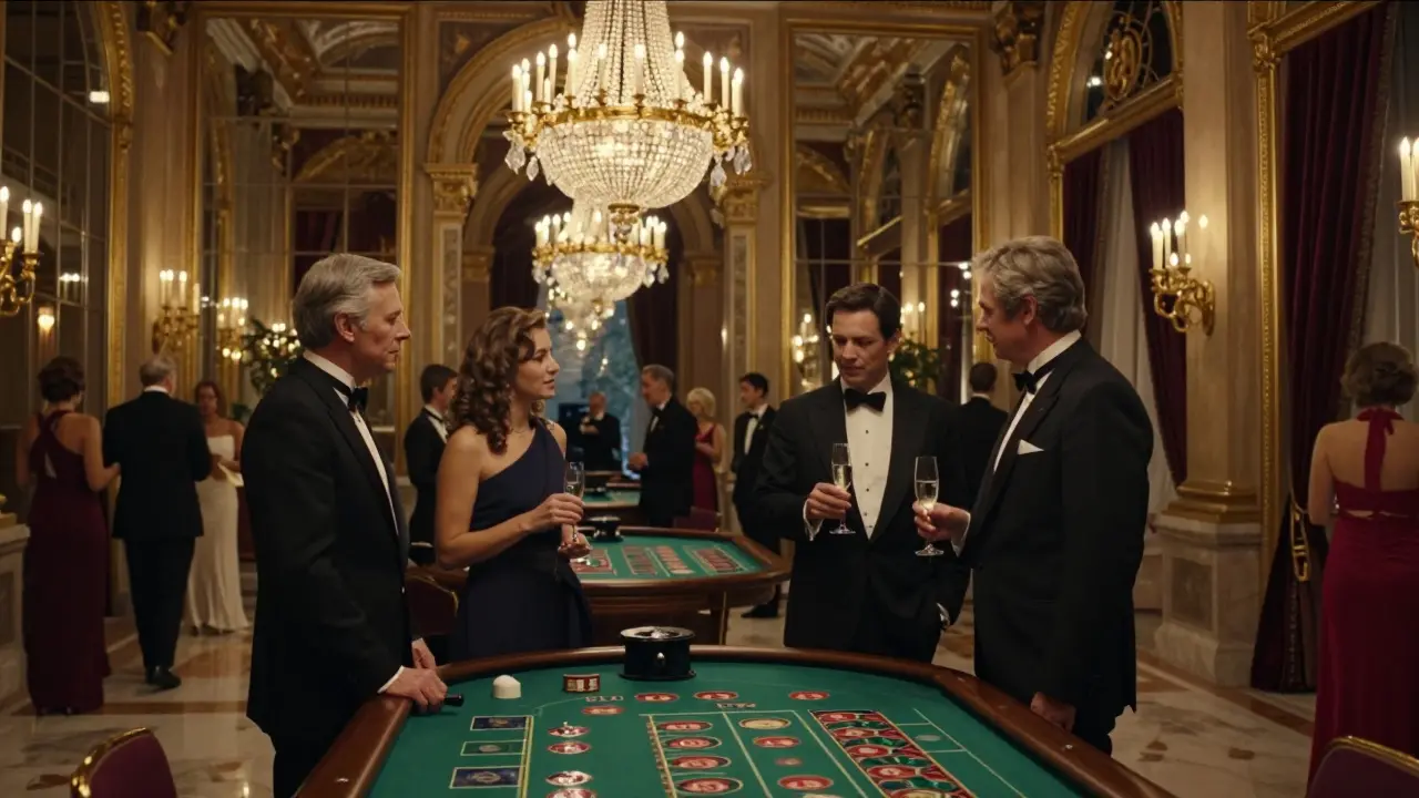 Elegant casino interior with chandeliers and formally dressed patrons.