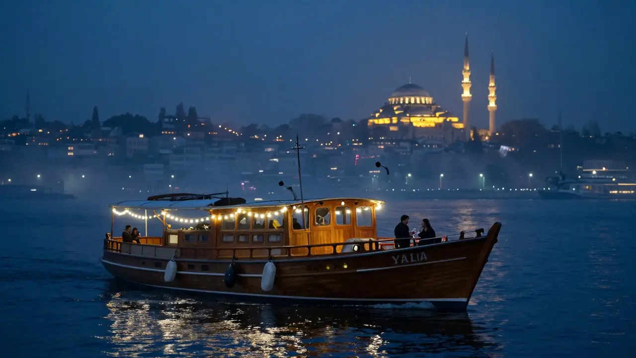 Floating wooden yacht on the Bosphorus at night, couple sipping wine as mosques glow in the distance.