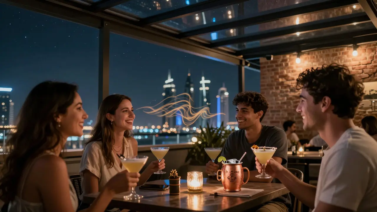 Friends laughing on an open-air rooftop with string lights and city skyline under a starry night.