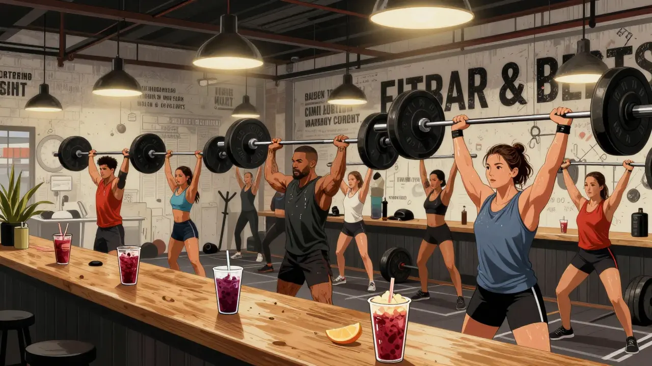 Group lifting weights to live drum &amp; bass music in a warehouse setting.