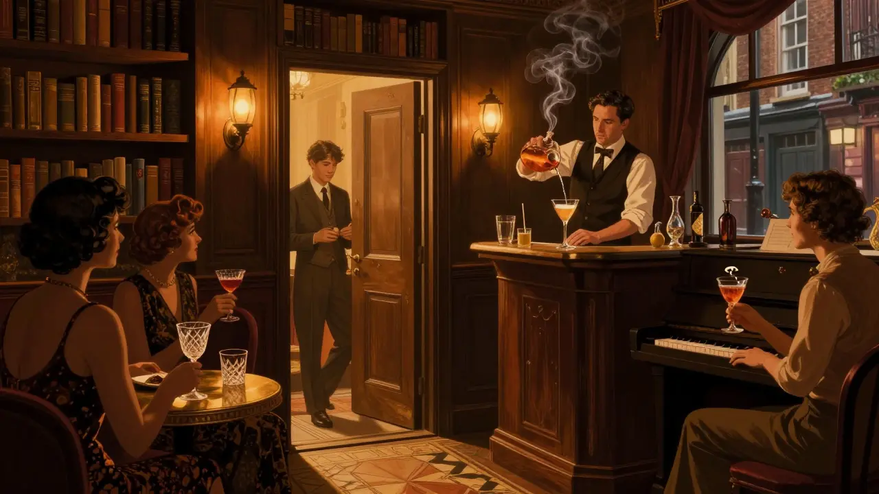Hidden 1920s speakeasy with warm lighting, vintage patrons, and a bartender mixing a smoky cocktail behind a bookshelf door.