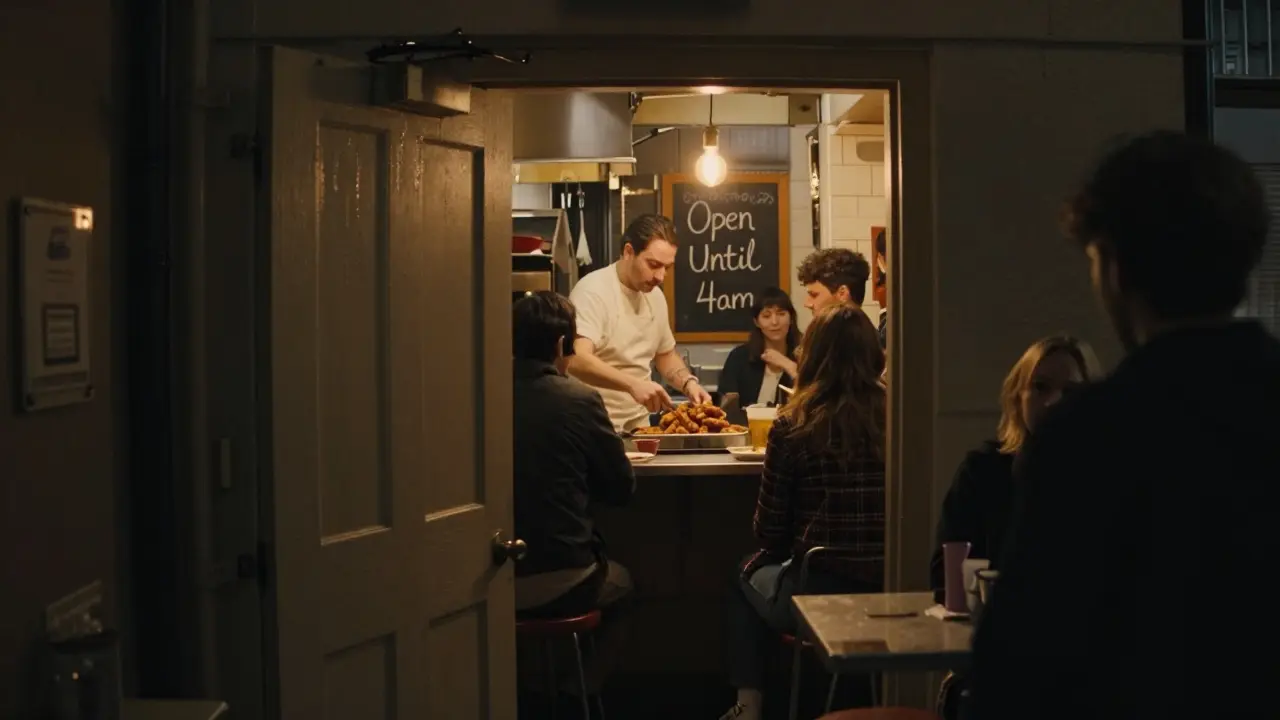 Hidden Backstreet Kitchen in Camden serving Korean fried chicken to late-night diners by a single bulb.