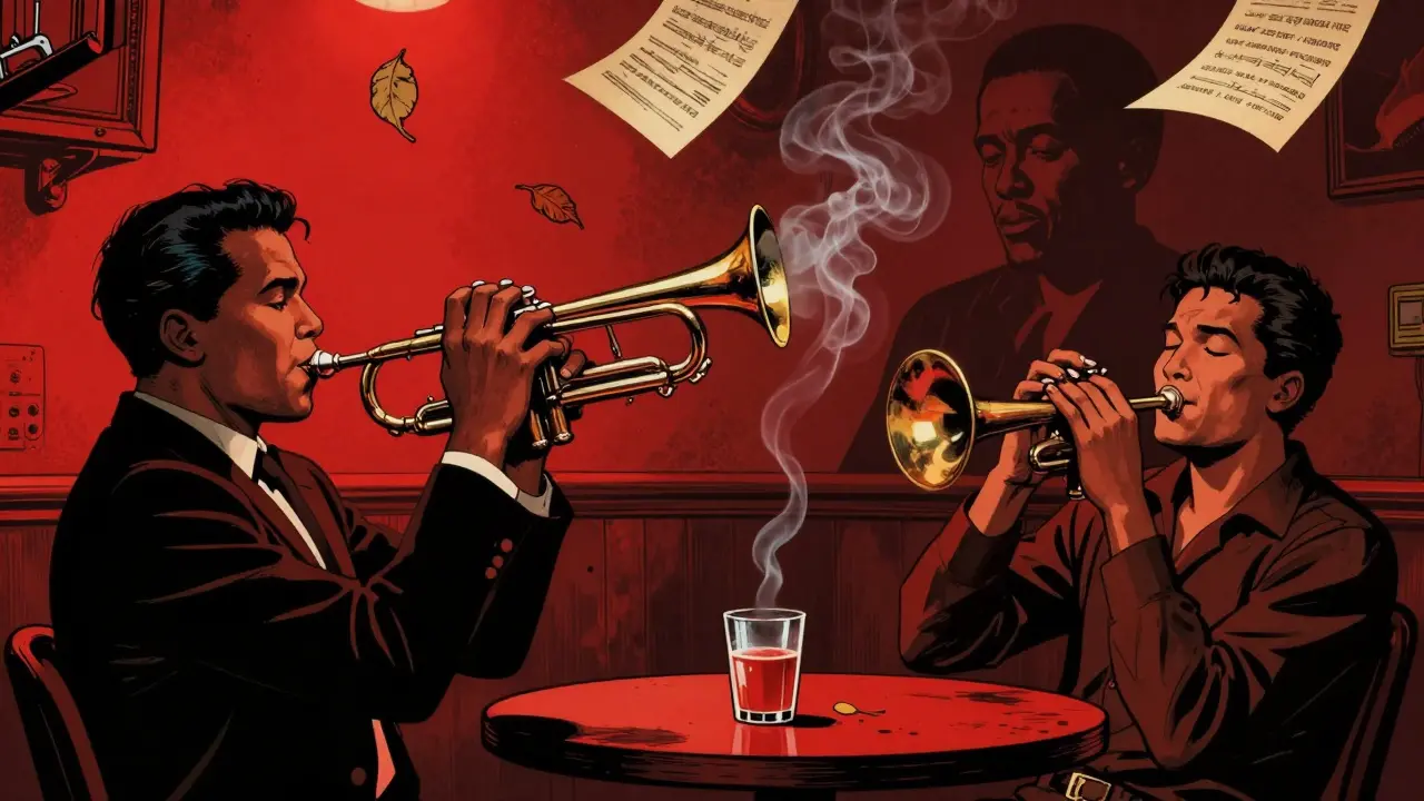 Intimate jazz club scene with a trumpet player and lone listener in dim red light, vintage comic book style.
