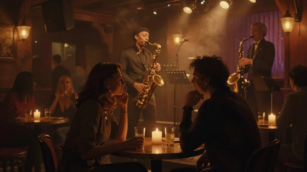 Jazz musician playing saxophone in a dimly lit club with a couple watching.