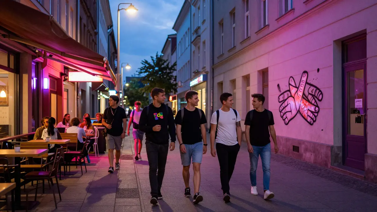 LGBTQ+ individuals walk through Schöneberg at night, casually discussing escort services with normalcy and pride.