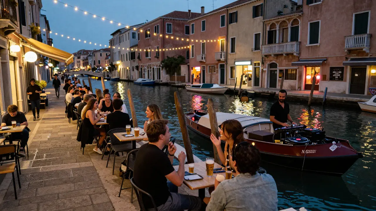 Lively outdoor bars along Navigli canal at night, with string lights and people enjoying drinks by the water.