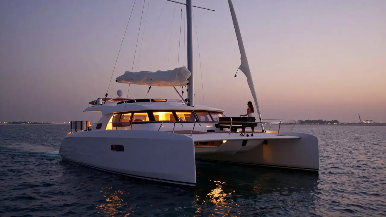 Luxury catamaran cruise at dusk with piano music and shimmering waves beneath a glass-bottom lounge.