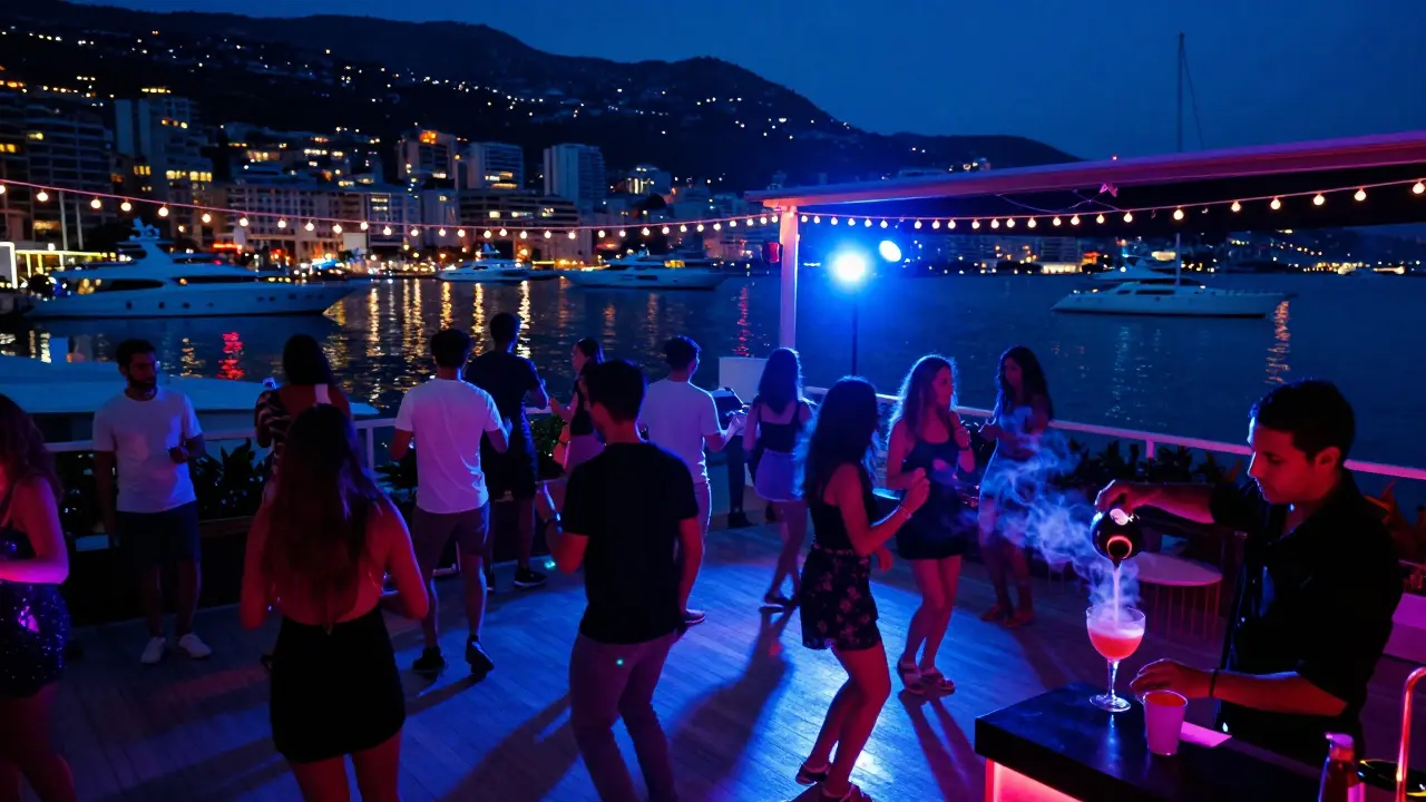 Open-air Blue Bayou club with dancing silhouettes and yachts glowing under neon lights by the harbor.