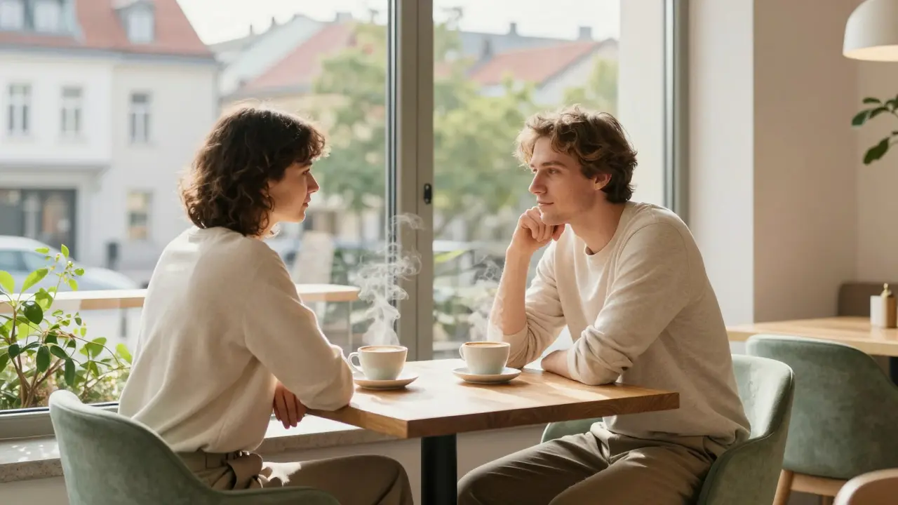 People conversing at a wooden table inside a bright Berlin coffee shop.