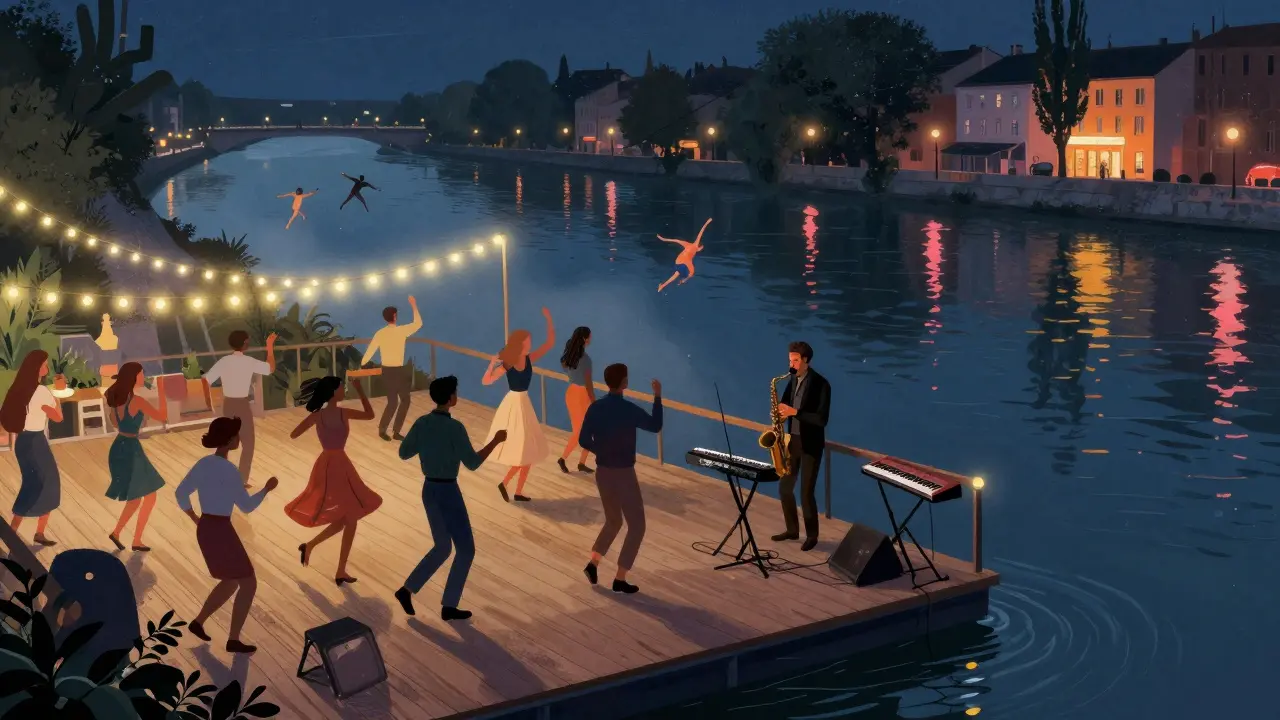 People dancing on a floating barge along the Seine at night, saxophonist playing under string lights.