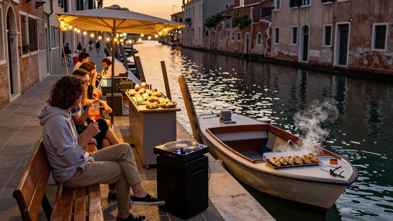 People relaxing along Navigli canal at night, sipping drinks under string lights with a DJ playing vinyl.