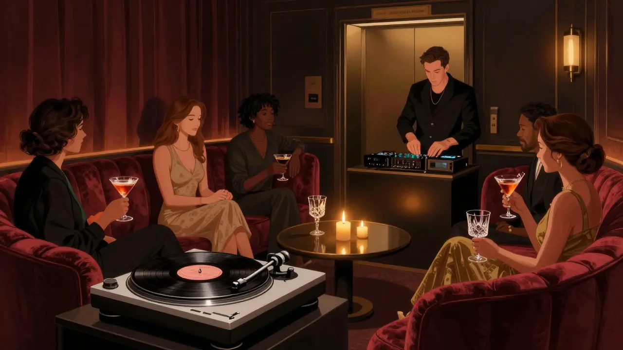Private penthouse lounge with vinyl record spinning, candlelight, and guests in quiet conversation, no phones or loud music visible.