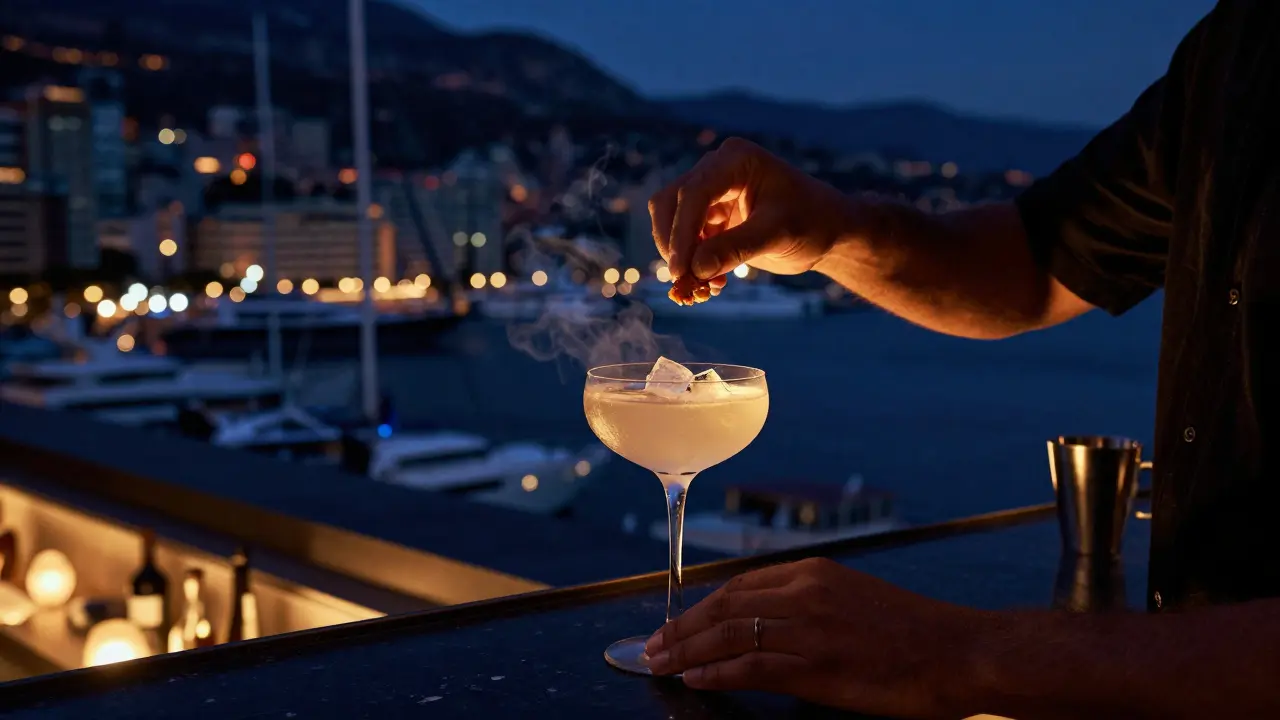 Rooftop bar bartender mixing cocktail with city lights background.