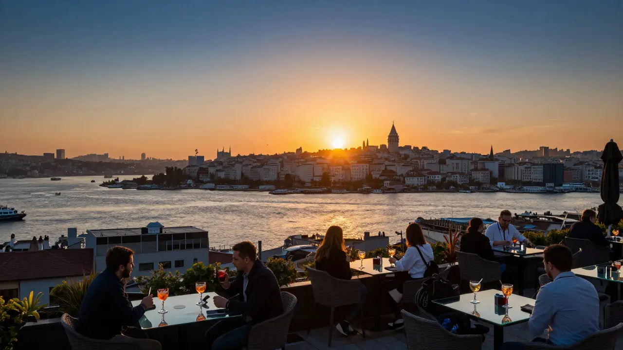 Rooftop lounge at sunset overlooking the Bosphorus and Galata Tower, guests enjoying drinks with city lights below.
