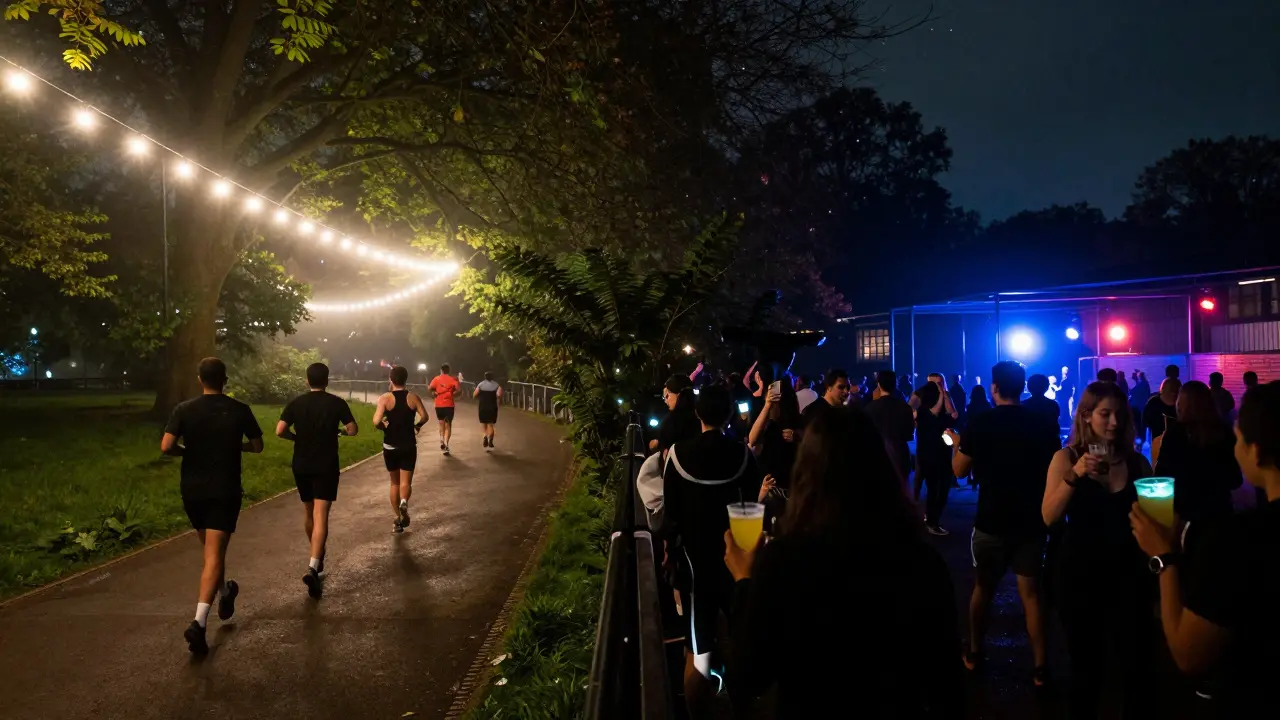 Runners at night transitioning into a dance party under string lights.