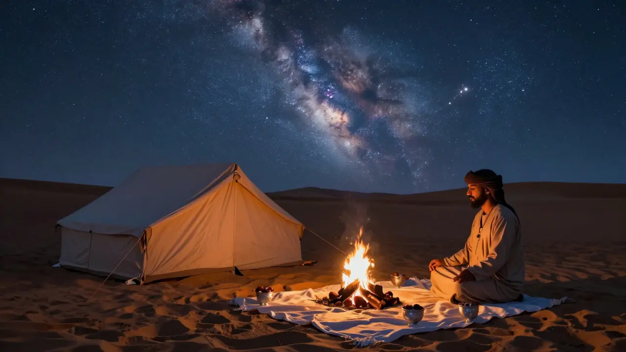 Silent desert retreat under the Milky Way in a silk dome, firelight casting warmth on quiet companions.