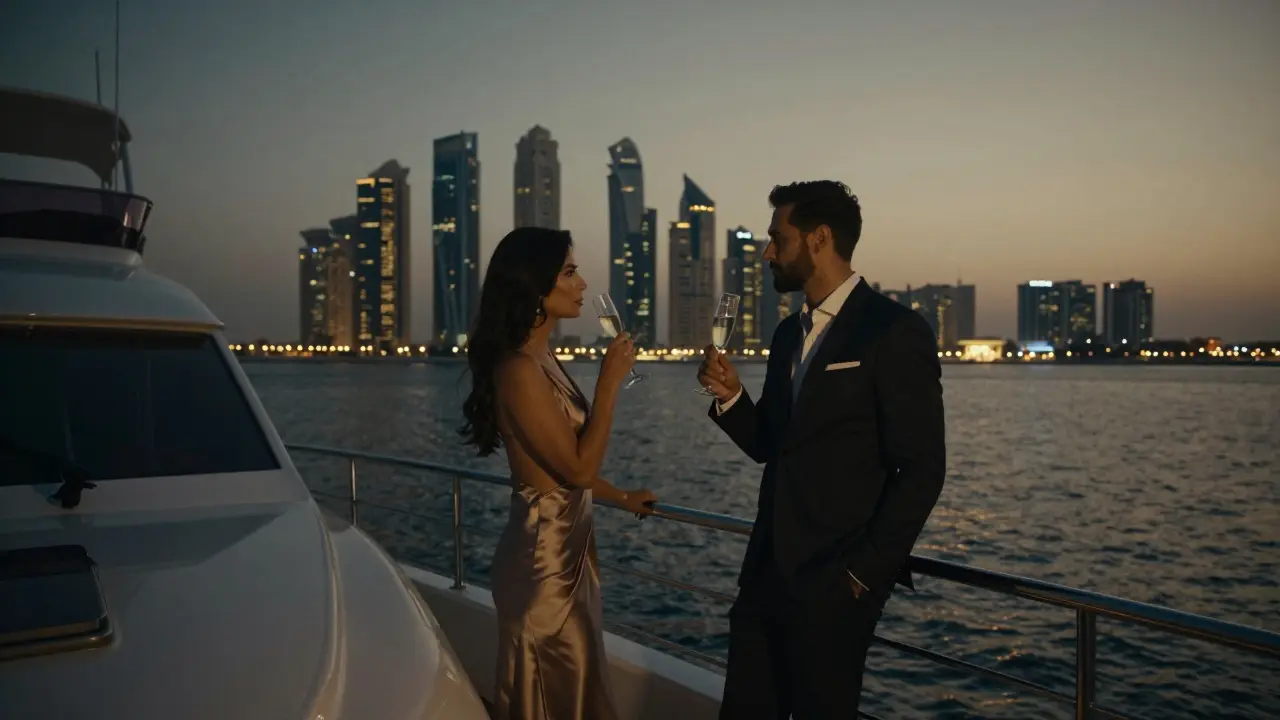 Silhouettes of a man and woman on a private yacht at dusk, overlooking Abu Dhabi's skyline.