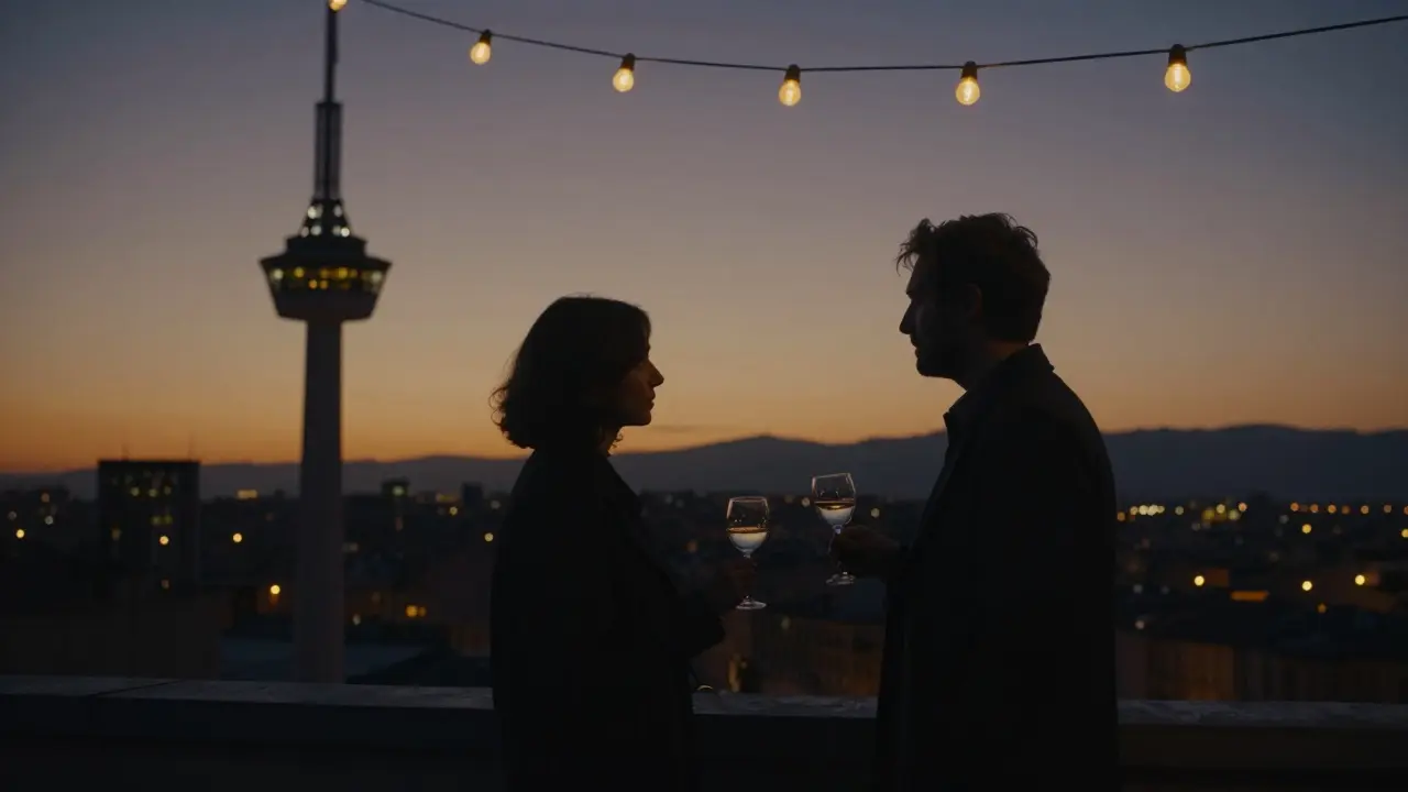 Silhouettes of two people on a Milan rooftop at dusk, holding grappa glasses as the city lights twinkle below in a warm, intimate glow.