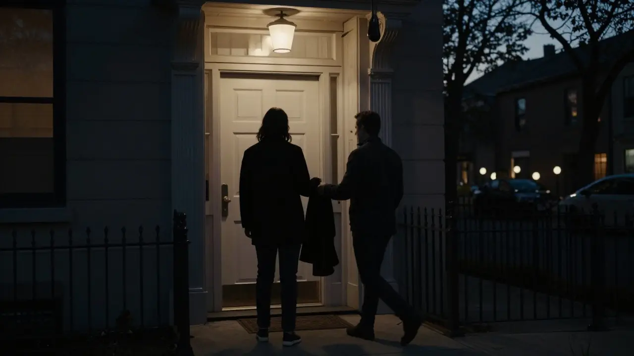 Someone holding a door open for another guest at a secure building exit.