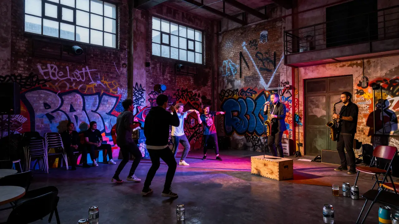 The Loft at dawn, hip-hop dancers and poetry slam under graffiti walls, live jazz musician in the corner.