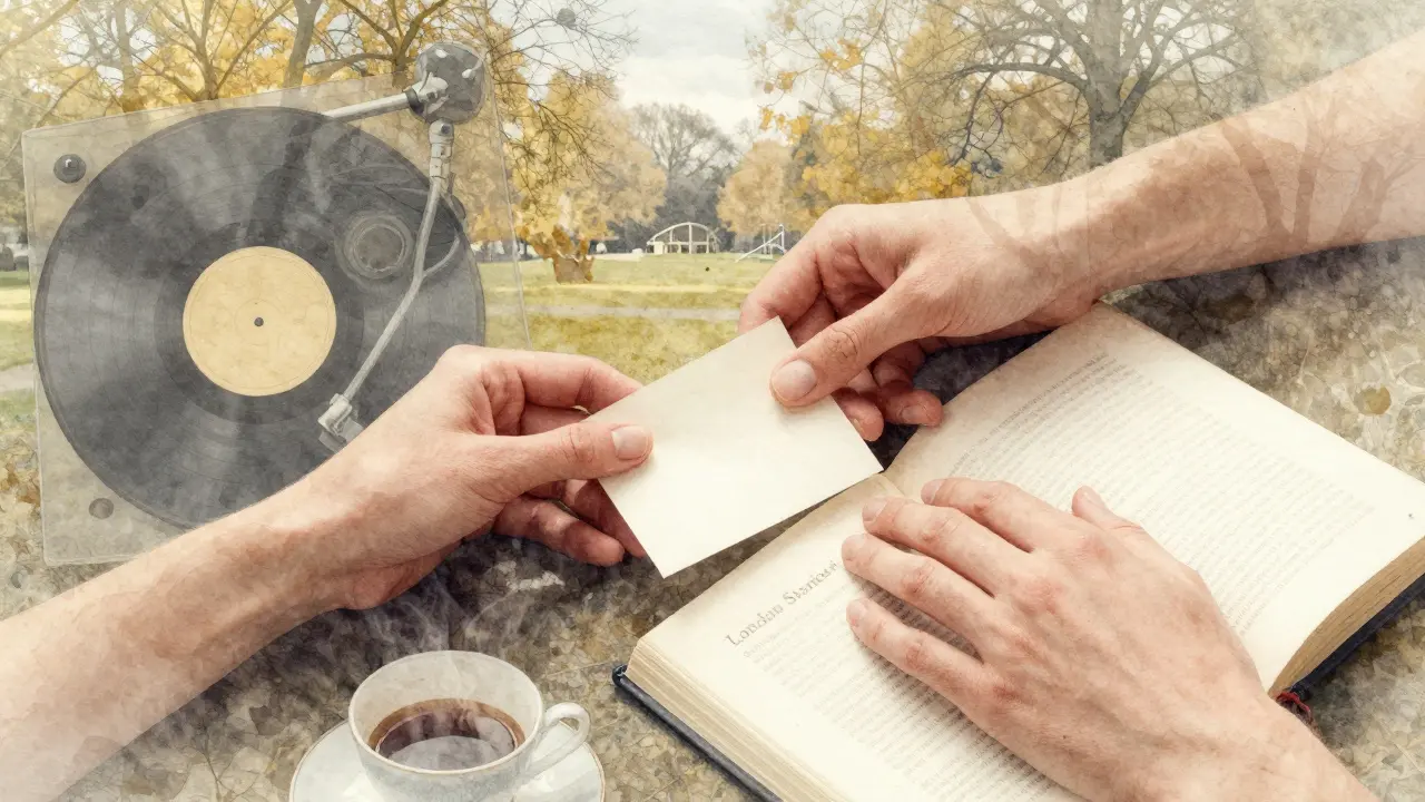Two hands overlapping with symbolic elements of connection: a note, a book, and a teacup.