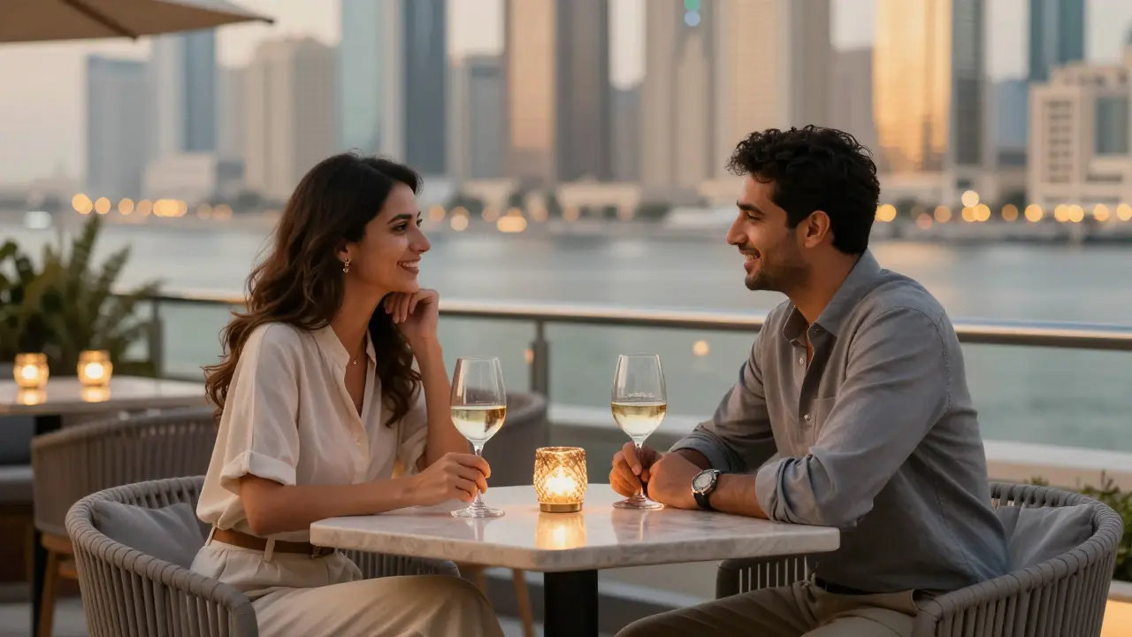 Two people enjoy quiet companionship at a rooftop bar in Dubai, surrounded by city lights.