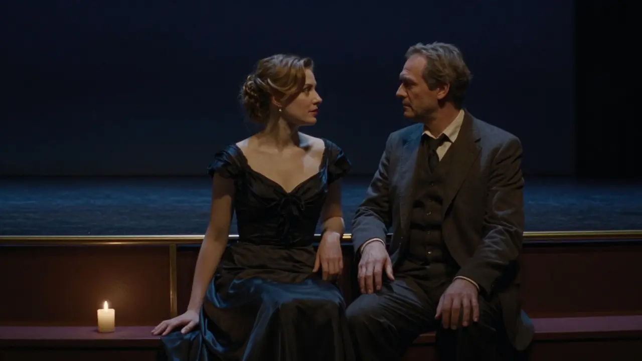 Two people sit side by side in a Berlin opera box, silently sharing the performance, no physical contact, deep emotional resonance.