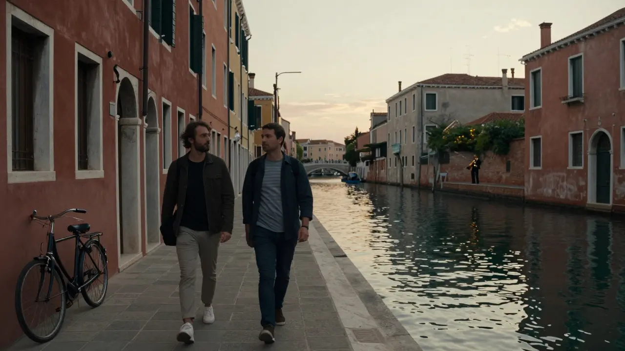 Two people walking along Milan's Navigli canal at sunset, colorful buildings and jazz music in the air.