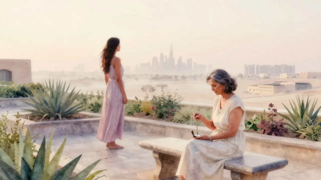 Two women sit in silent communion on a Dubai rooftop garden at dawn, the city skyline faint in the distance.