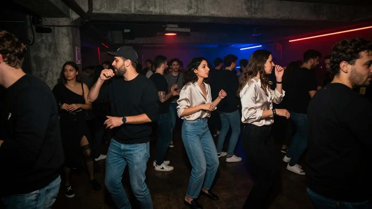 Underground club La Scala in Milan, crowd dancing in dark industrial space with neon strobe lights.